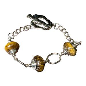 Handcrafted Tiger's Eye Beaded Silver Tone Bracelet Toggle Clasp 7.5 inches